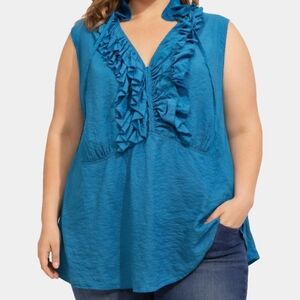 Lane Bryant V-Neck Turquoise Ruffle Notch Sleeveless  Blouse Size 24